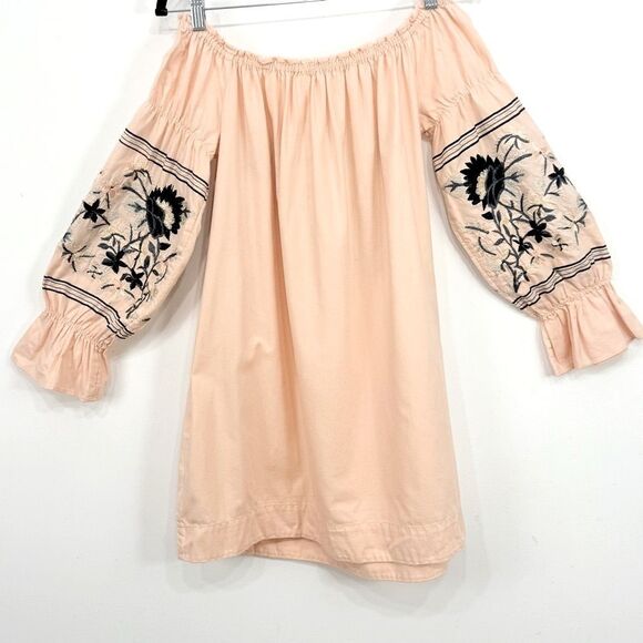 Free People Peach Navy Floral Embroidered Off Shoulder Mini Tunic Dress - Picture 10 of 16